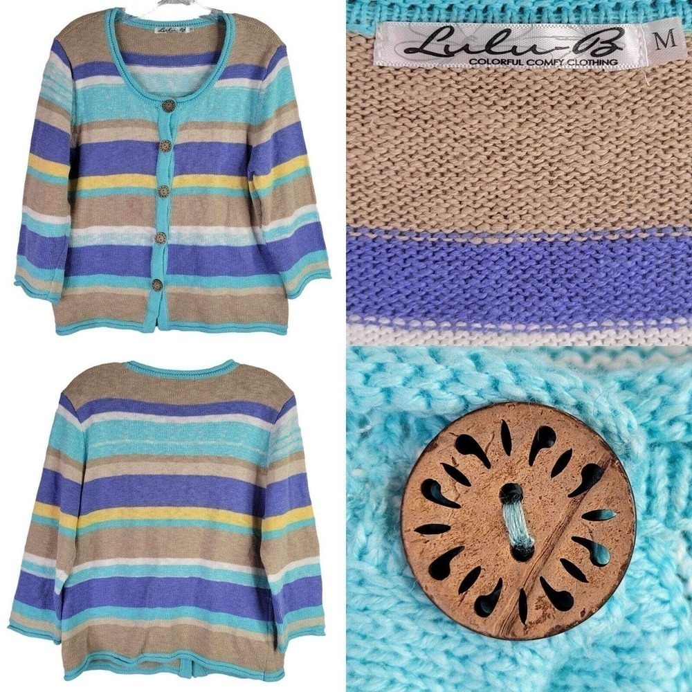 LuLu B Cardigan Sweater Women's Medium Multicolor Striped 3/4 Sleeve Beach Wear